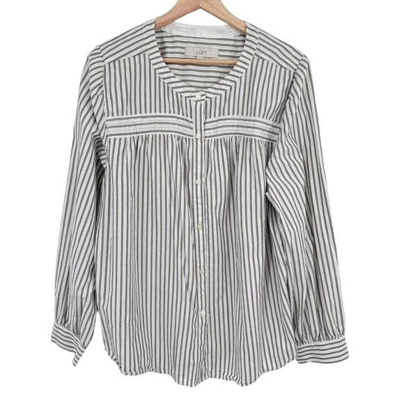 Loft Womens Striped Button-Down Blouse size XL Cotton gray gold metallic - Picture 2 of 14